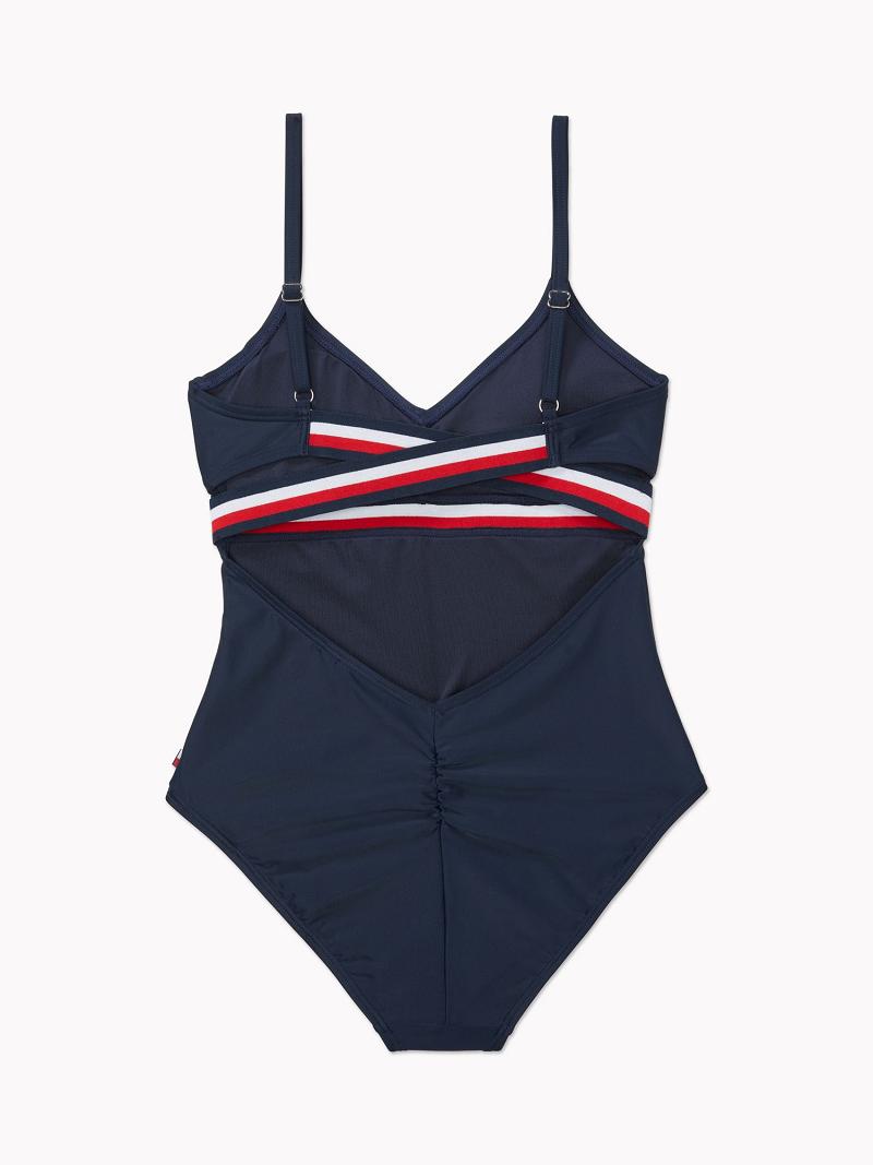 Női Tommy Hilfiger Stripe Cut-Out One-Piece Úszóruhák Kék | HU 430NWY